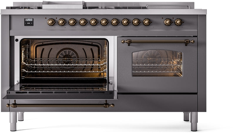 ILVE Nostalgie II 60" Dual Fuel Natural Gas Range in Matte Graphite with Bronze Trim, UP60FSNMPMGB