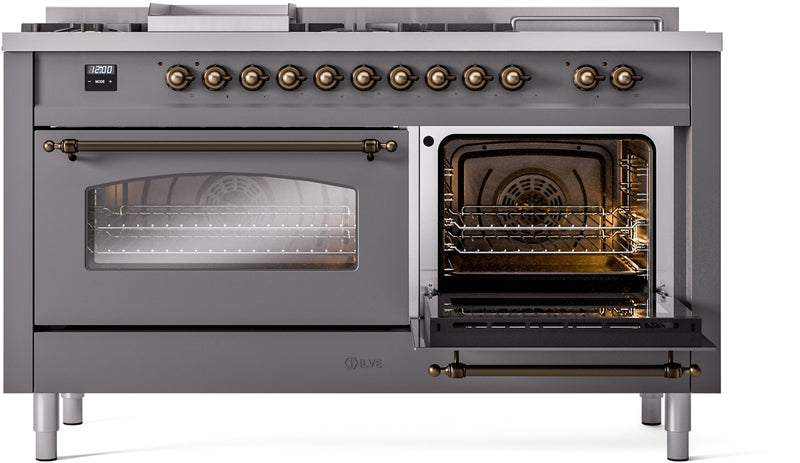 ILVE Nostalgie II 60" Dual Fuel Natural Gas Range in Matte Graphite with Bronze Trim, UP60FSNMPMGB