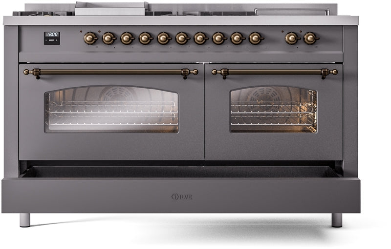 ILVE Nostalgie II 60" Dual Fuel Natural Gas Range in Matte Graphite with Bronze Trim, UP60FSNMPMGB