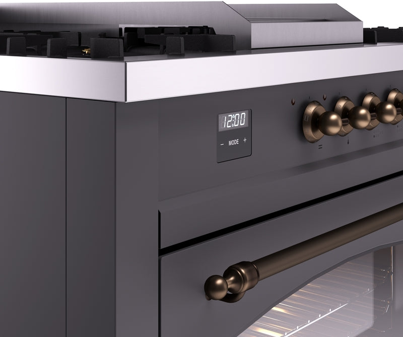 ILVE Nostalgie II 60" Dual Fuel Natural Gas Range in Matte Graphite with Bronze Trim, UP60FSNMPMGB