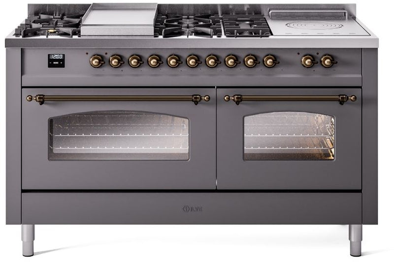 ILVE Nostalgie II 60" Dual Fuel Natural Gas Range in Matte Graphite with Bronze Trim, UP60FSNMPMGB