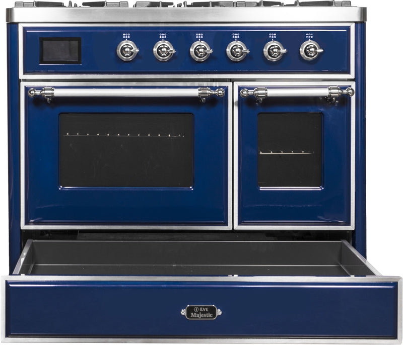 ILVE Majestic II 40" Dual Fuel Propane Gas Range in Blue with Chrome Trim, UMD10FDNS3MBCLP