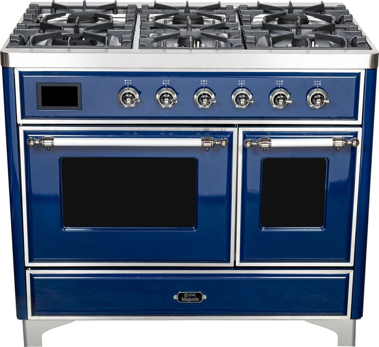 ILVE Majestic II 40" Dual Fuel Propane Gas Range in Blue with Chrome Trim, UMD10FDNS3MBCLP