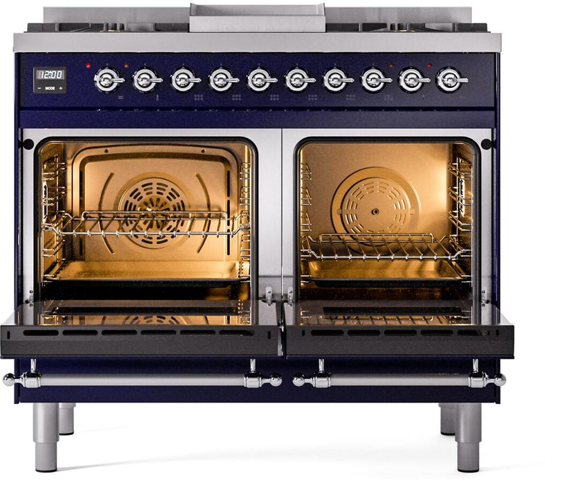 ILVE Nostalgie II 40" Dual Fuel Propane Gas Range in Blue with Chrome Trim, UPD40FNMPMBCLP