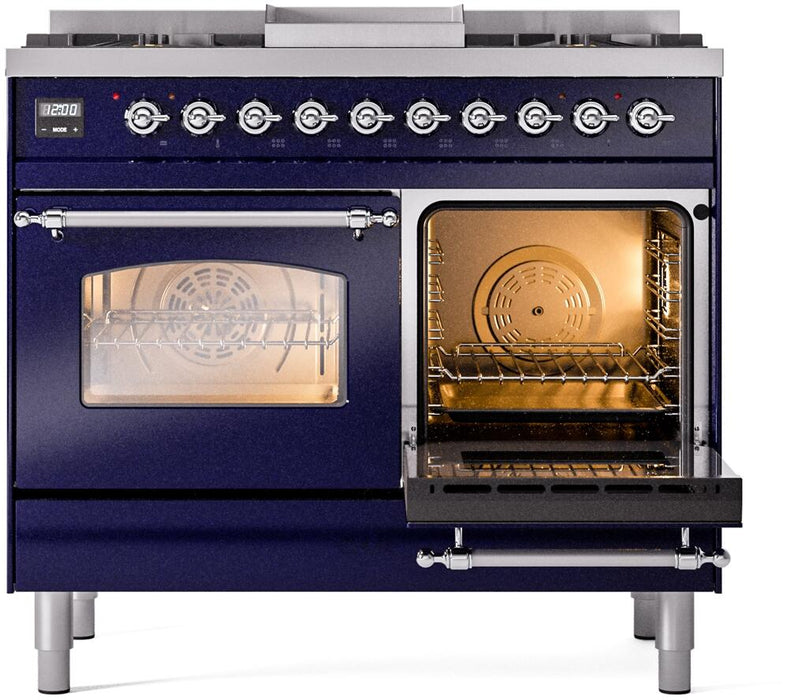 ILVE Nostalgie II 40" Dual Fuel Propane Gas Range in Blue with Chrome Trim, UPD40FNMPMBCLP