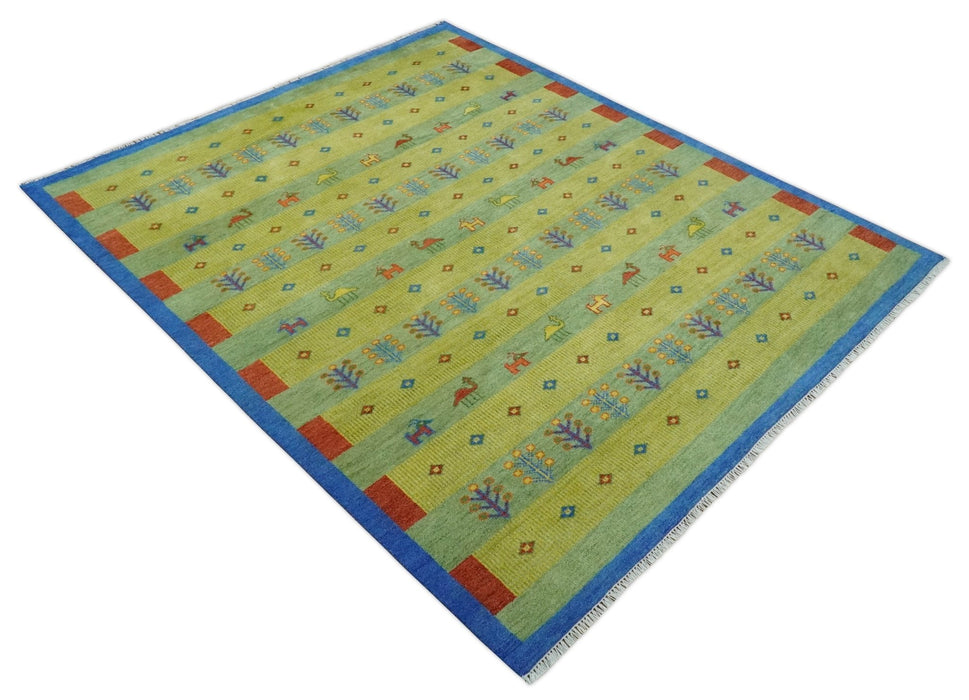 Animal and Tree Life Green, Blue and Rust Hand knotted Traditional 8x10 Wool Area Rug