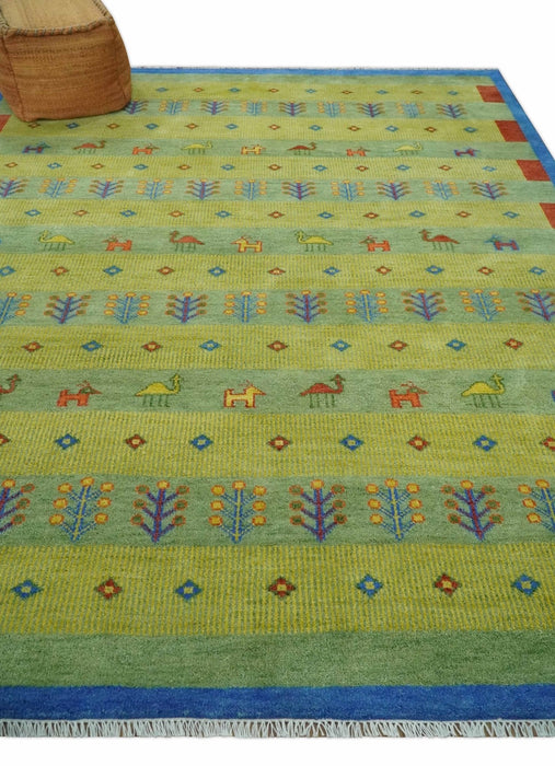 Animal and Tree Life Green, Blue and Rust Hand knotted Traditional 8x10 Wool Area Rug