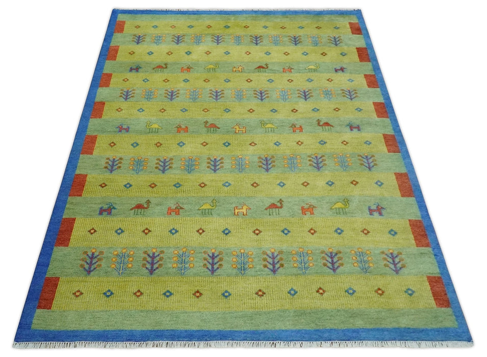 Animal and Tree Life Green, Blue and Rust Hand knotted Traditional 8x10 Wool Area Rug