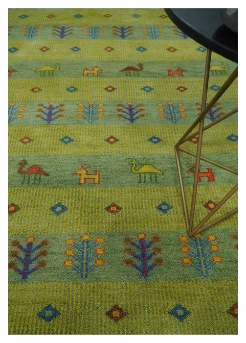 Animal and Tree Life Green, Blue and Rust Hand knotted Traditional 8x10 Wool Area Rug