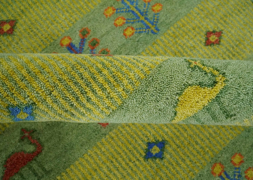 Animal and Tree Life Green, Blue and Rust Hand knotted Traditional 8x10 Wool Area Rug