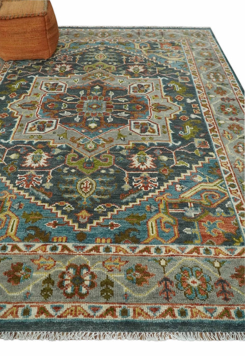 Hand Knotted Charcoal, Camel and Teal Traditional Heriz Multi size Wool Area Rug