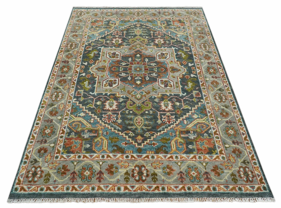 Hand Knotted Charcoal, Camel and Teal Traditional Heriz Multi size Wool Area Rug