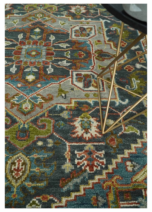 Hand Knotted Charcoal, Camel and Teal Traditional Heriz Multi size Wool Area Rug