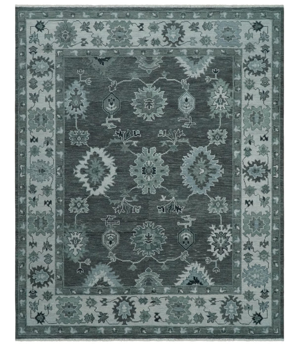Antique Hand Knotted Charcoal and Silver Traditional Oushak Wool Area Rug