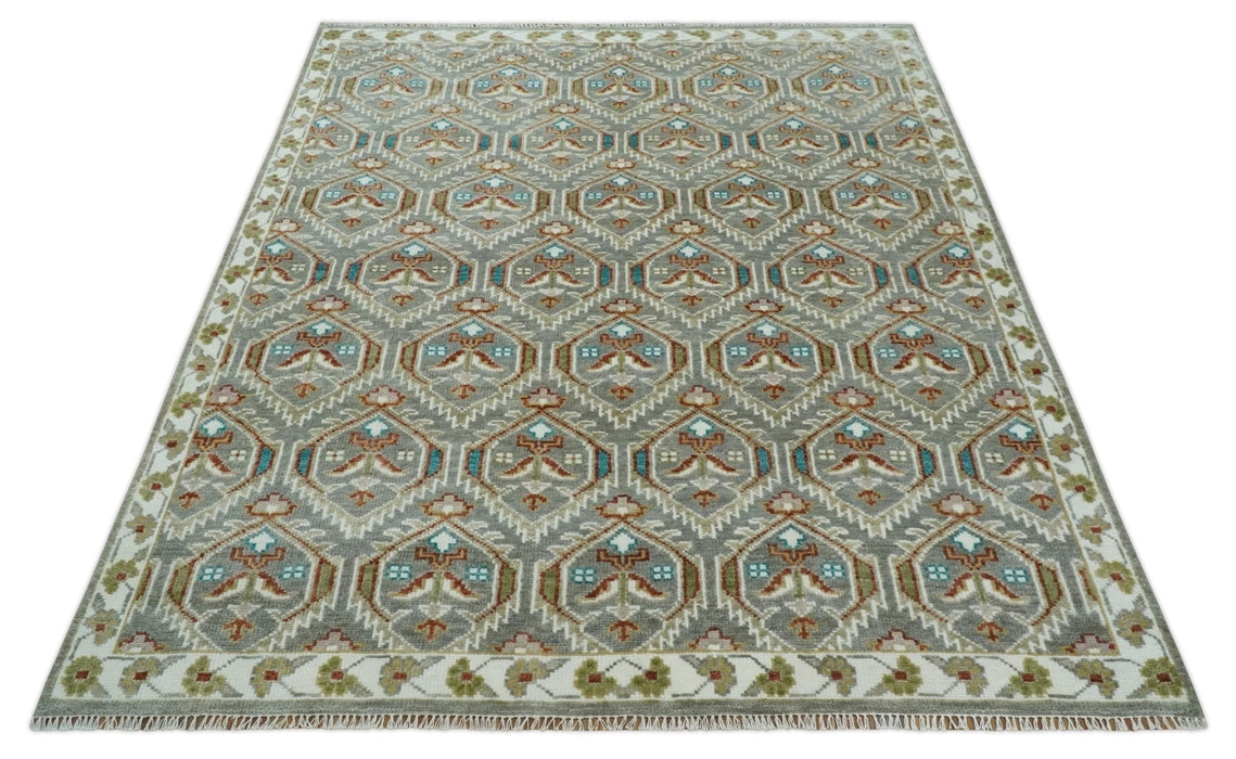Antique look Traditional Hand Knotted Silver, Ivory and Rust Wool Area Rug