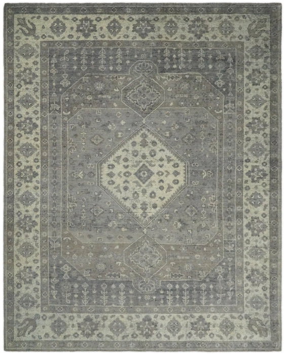 Custom Made Vintage Distressed Hand Knotted Serapi Gray and Beige Wool Area Rug