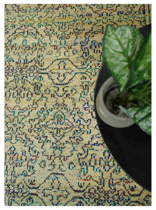 Antique 8x10 Hand Knotted Beige and Blue Persian made of Recycled Silk Area Rug | OP20