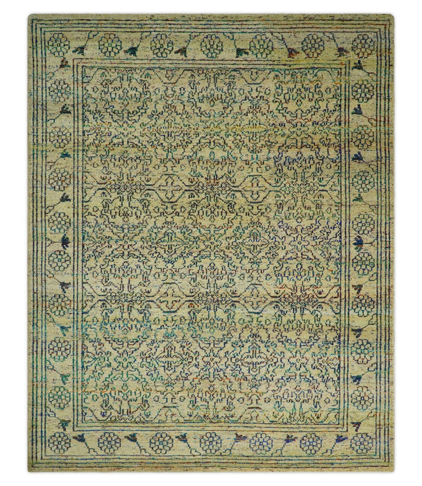 Antique 8x10 Hand Knotted Beige and Blue Persian made of Recycled Silk Area Rug | OP20
