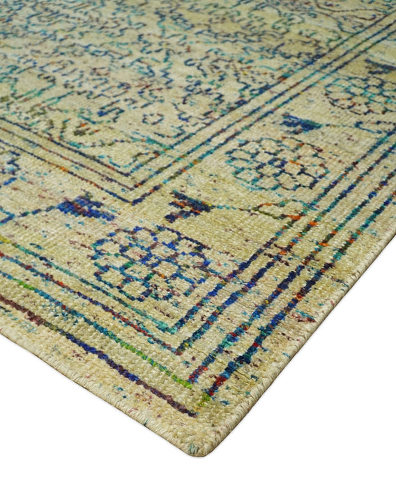 Antique 8x10 Hand Knotted Beige and Blue Persian made of Recycled Silk Area Rug | OP20