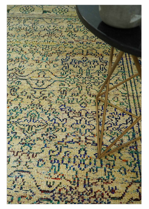 Antique 8x10 Hand Knotted Beige and Blue Persian made of Recycled Silk Area Rug | OP20