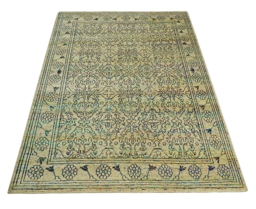 Antique 8x10 Hand Knotted Beige and Blue Persian made of Recycled Silk Area Rug | OP20