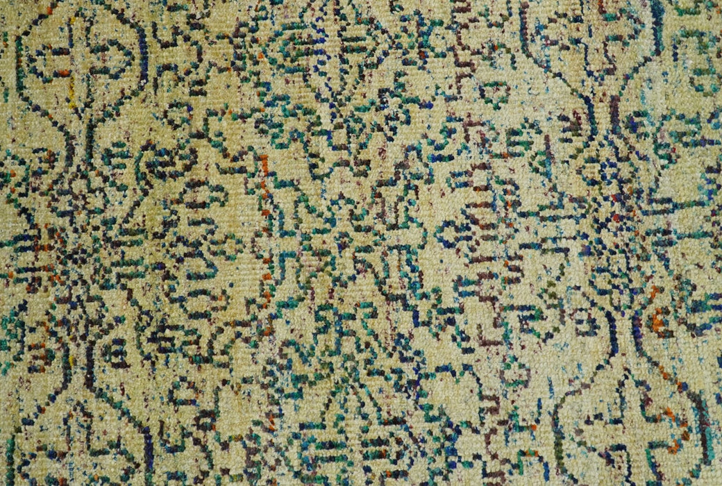 Antique 8x10 Hand Knotted Beige and Blue Persian made of Recycled Silk Area Rug | OP20