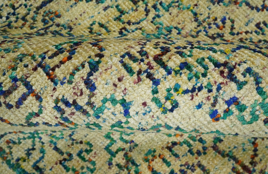 Antique 8x10 Hand Knotted Beige and Blue Persian made of Recycled Silk Area Rug | OP20