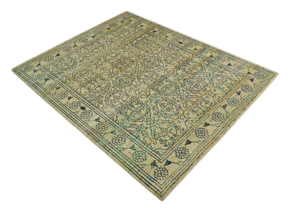 Antique 8x10 Hand Knotted Beige and Blue Persian made of Recycled Silk Area Rug | OP20