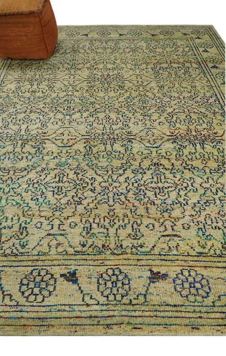 Antique 8x10 Hand Knotted Beige and Blue Persian made of Recycled Silk Area Rug | OP20