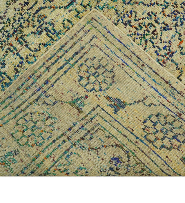 Antique 8x10 Hand Knotted Beige and Blue Persian made of Recycled Silk Area Rug | OP20