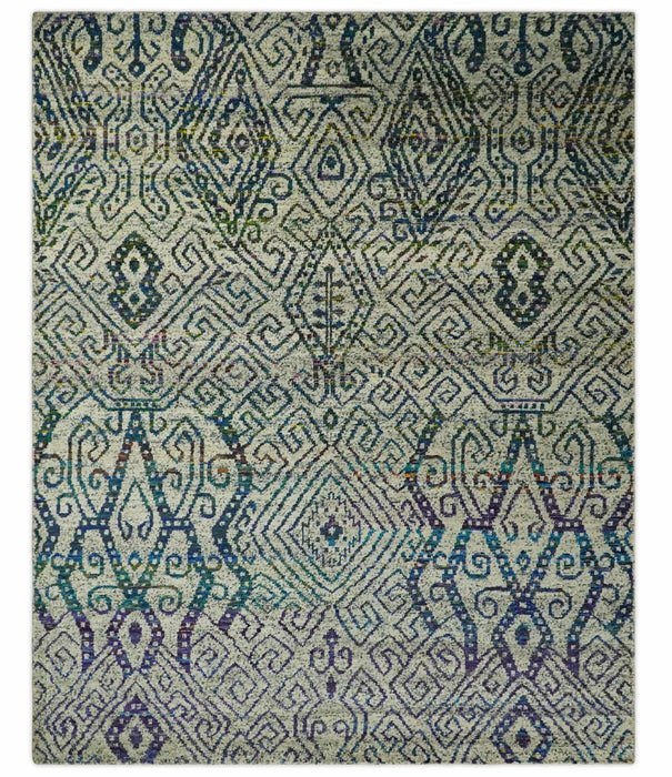 Antique 8x10 Hand Knotted Beige and Blue Persian made of Recycled Silk Area Rug | OP25