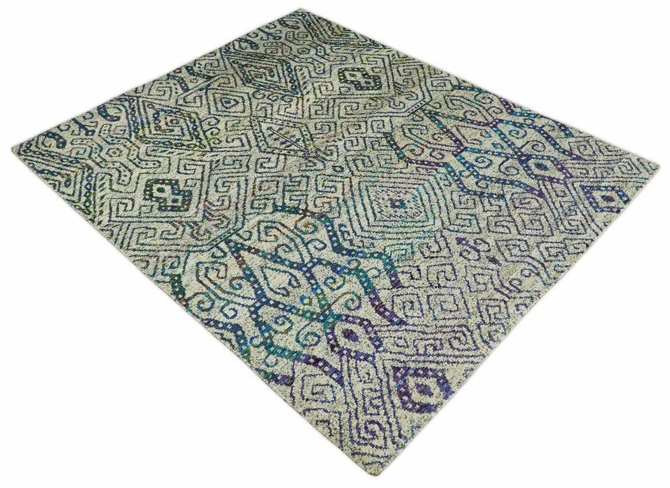 Antique 8x10 Hand Knotted Beige and Blue Persian made of Recycled Silk Area Rug | OP25