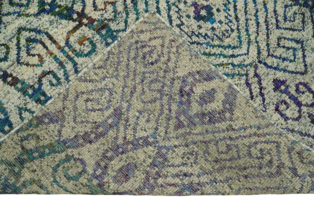Antique 8x10 Hand Knotted Beige and Blue Persian made of Recycled Silk Area Rug | OP25