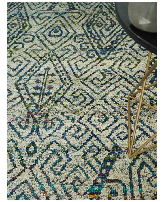 Antique 8x10 Hand Knotted Beige and Blue Persian made of Recycled Silk Area Rug | OP25