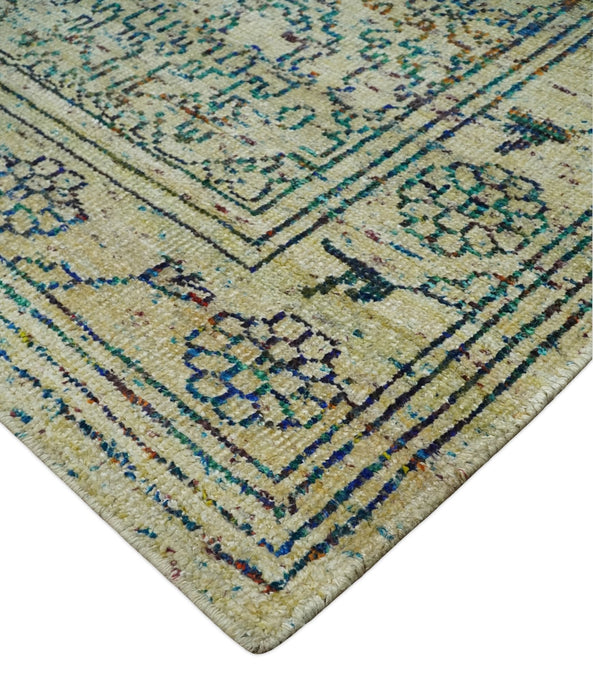 Antique 8x10 Hand Knotted Camel, Ivory and Blue Persian made of Recycled Silk Area Rug | OP33