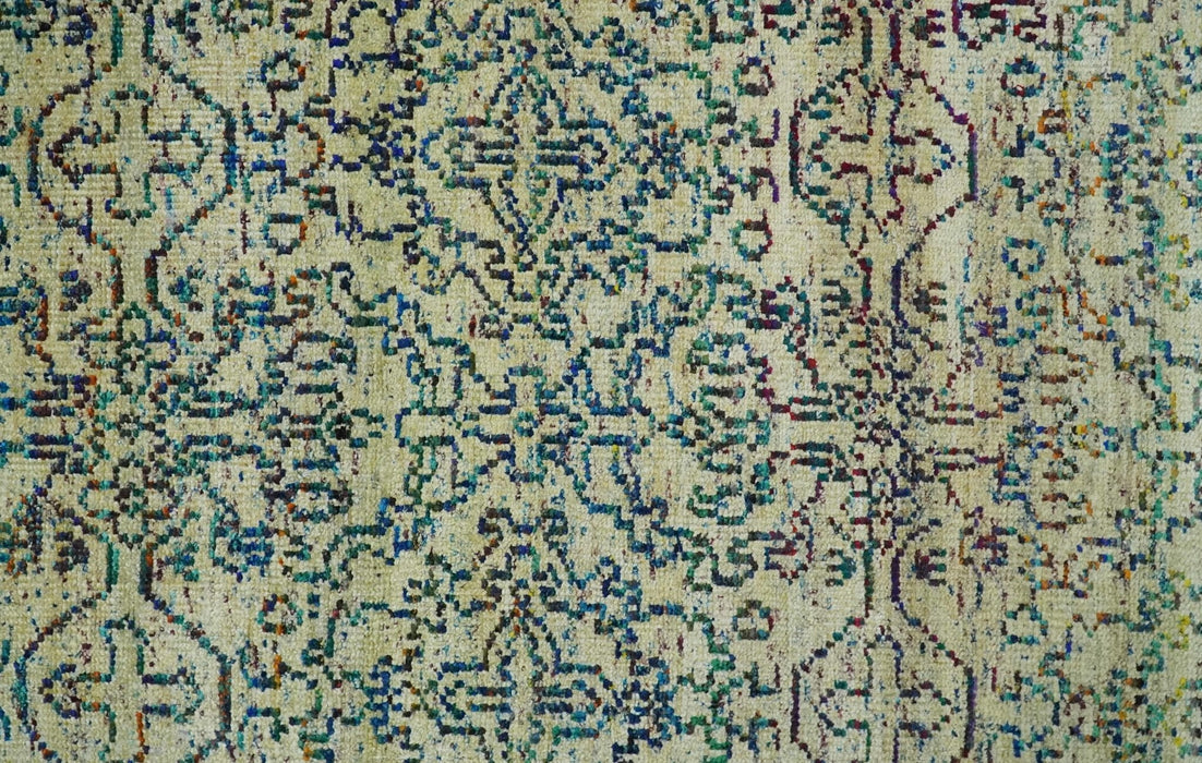 Antique 8x10 Hand Knotted Camel, Ivory and Blue Persian made of Recycled Silk Area Rug | OP33
