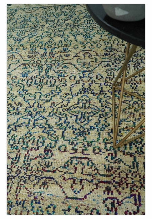 Antique 8x10 Hand Knotted Camel, Ivory and Blue Persian made of Recycled Silk Area Rug | OP33