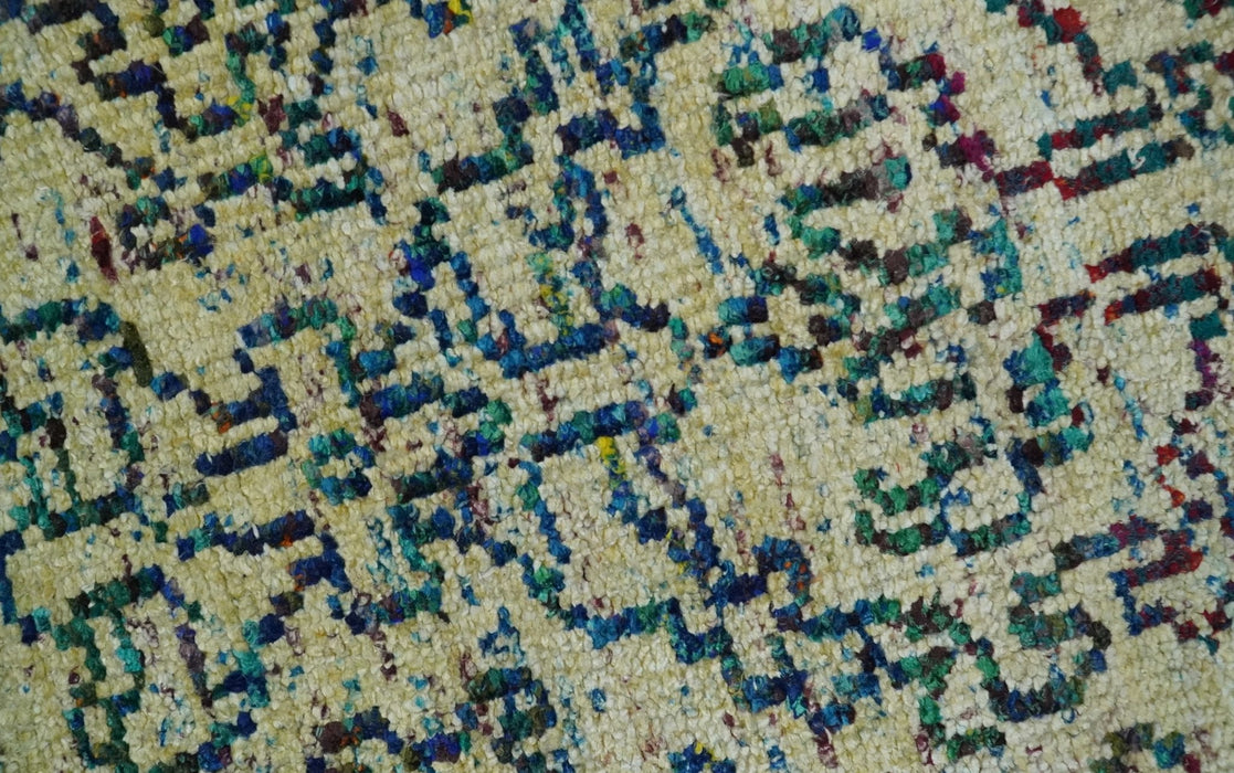 Antique 8x10 Hand Knotted Camel, Ivory and Blue Persian made of Recycled Silk Area Rug | OP33