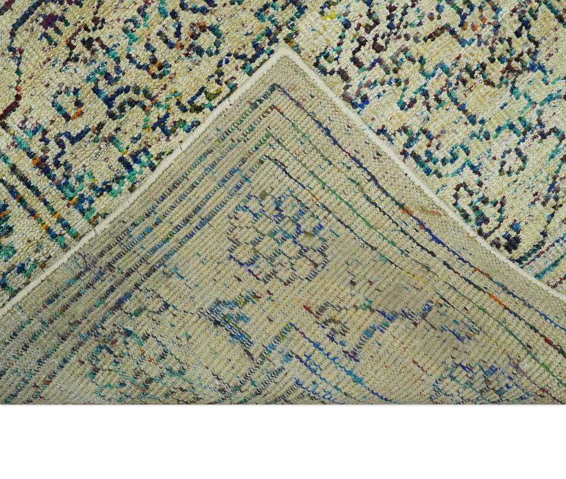 Antique 8x10 Hand Knotted Camel, Ivory and Blue Persian made of Recycled Silk Area Rug | OP33