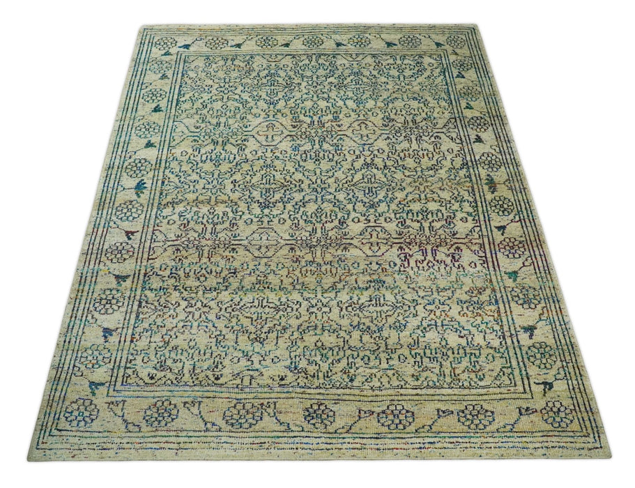 Antique 8x10 Hand Knotted Camel, Ivory and Blue Persian made of Recycled Silk Area Rug | OP33