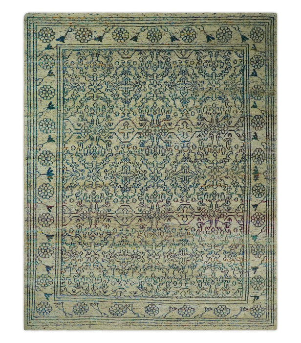Antique 8x10 Hand Knotted Camel, Ivory and Blue Persian made of Recycled Silk Area Rug | OP33
