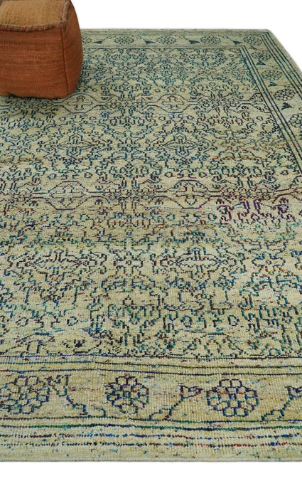 Antique 8x10 Hand Knotted Camel, Ivory and Blue Persian made of Recycled Silk Area Rug | OP33