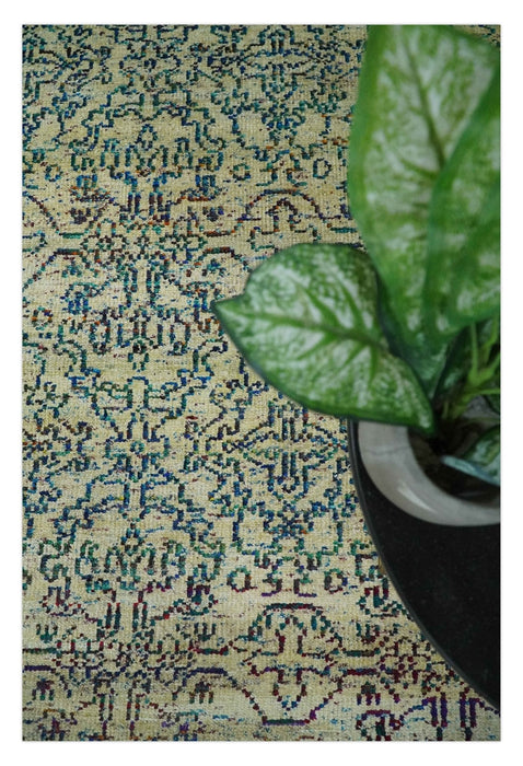 Antique 8x10 Hand Knotted Camel, Ivory and Blue Persian made of Recycled Silk Area Rug | OP33