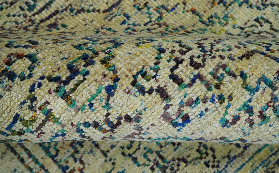 Antique 8x10 Hand Knotted Camel, Ivory and Blue Persian made of Recycled Silk Area Rug | OP33