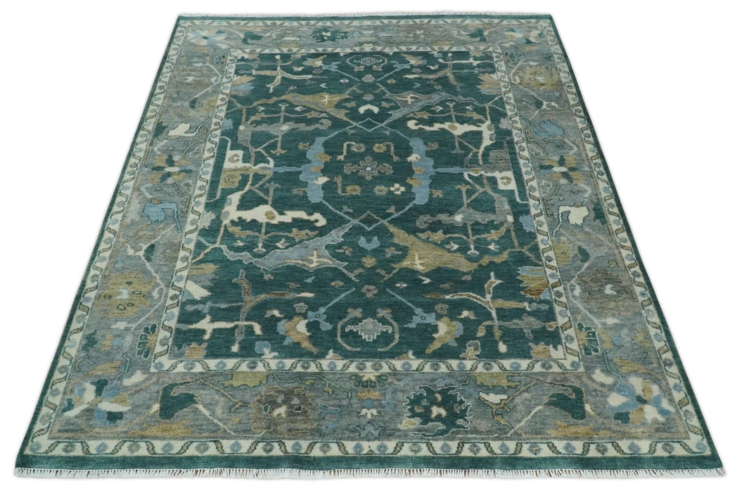 Antique 8x10 Hand Knotted Oriental Oushak Teal Green and Gray Wool Area Rug