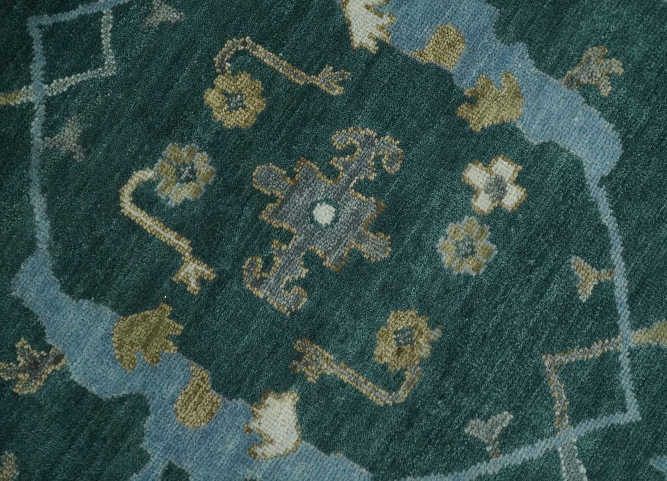 Antique 8x10 Hand Knotted Oriental Oushak Teal Green and Gray Wool Area Rug