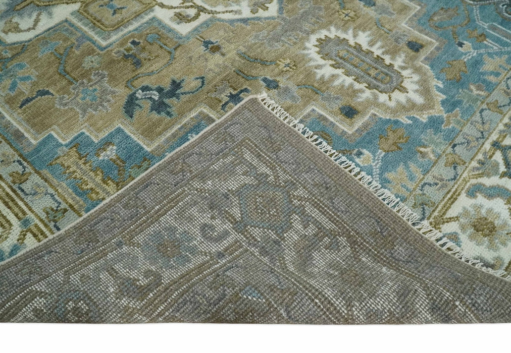 Antique Olive, Blue and Ivory Heriz Serapi Multi Size Wool Area Rug