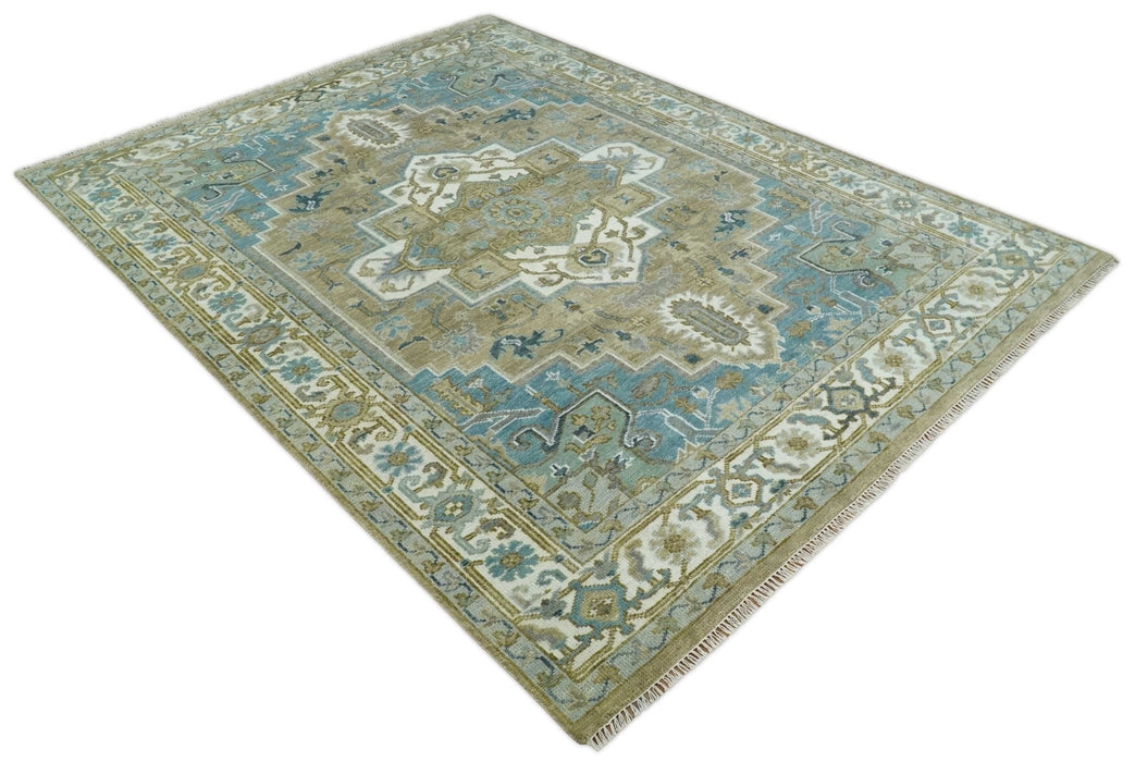 Antique Olive, Blue and Ivory Heriz Serapi Multi Size Wool Area Rug