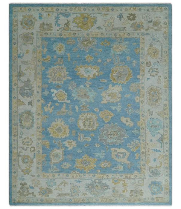 Blue and Beige Hand Knotted Traditional Oushak Design wool Rug