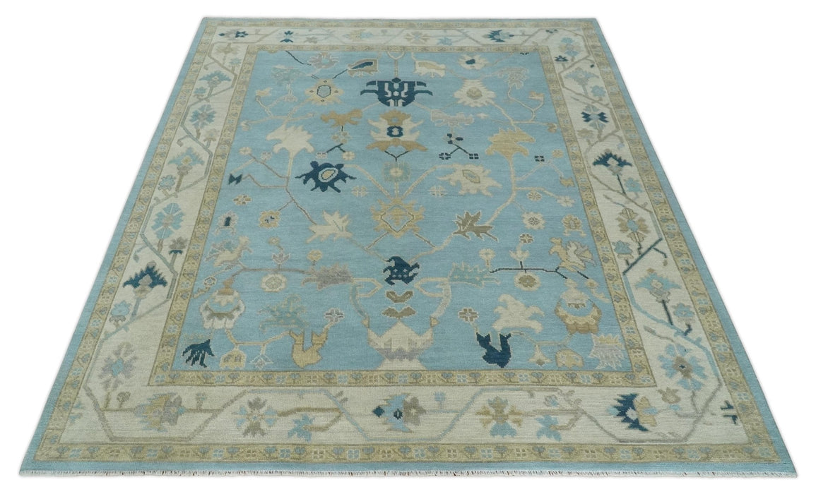 Antique Blue, Ivory and Beige Traditional Oushak Hand Knotted Wool Rug